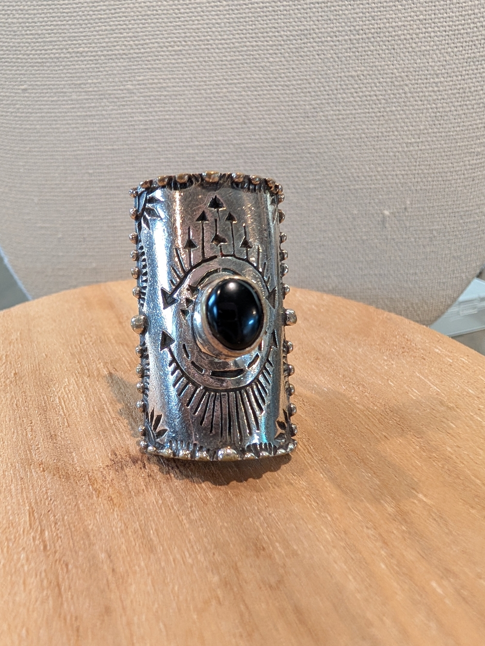 Spell Designs Shield Ring Black Raised Center Cabochon Hand Etched Native Art